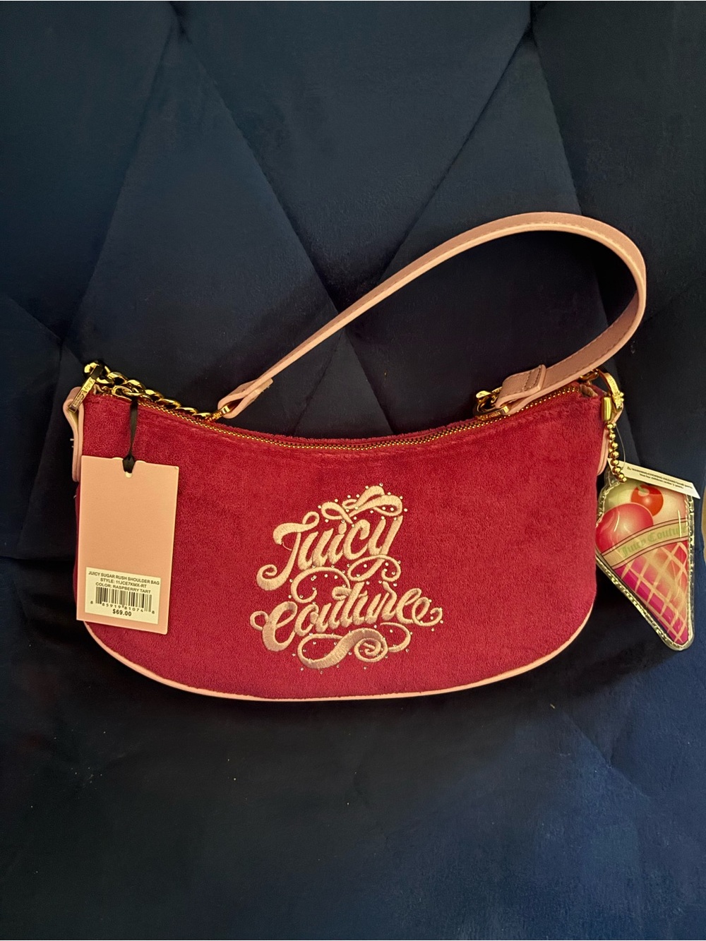 Juicy Couture Red Suede Shoulder Bag with Pink Trim and Gold Hardware